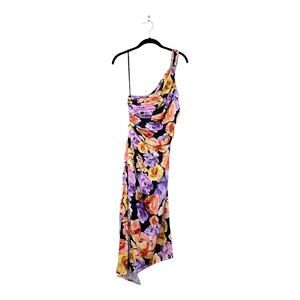 Anthropologie Geisha Designs Asymmetrical Hem Midi Dress in Purple Motif Size S